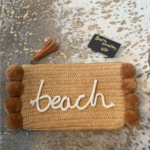 Beige Woven Clutch with Pom Poms